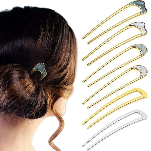 TORUBIA 6 Pieces Simple Metal U Shaped Hair Pin French Style Hairpins Fork Sticks 2 Prong Updo Ch... | Walmart (US)