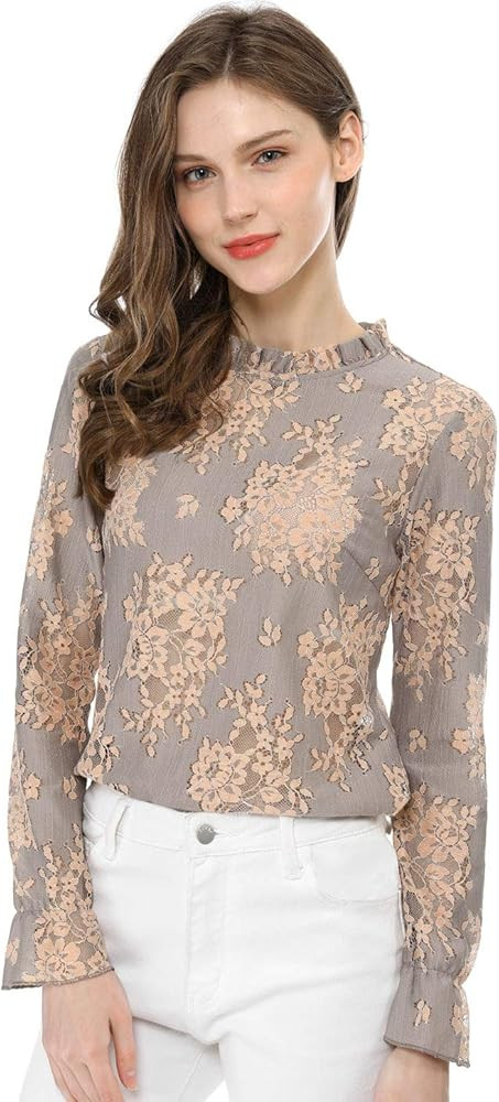 Allegra K Women's Crochet Lace See Through Top Ruffle Frill Neck Floral Elegant Blouse | Amazon (US)