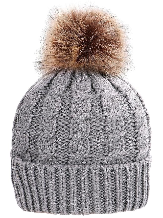 Simplicity Womens Winter Hand Knit Faux Fur Pompoms Beanie Hat | Amazon (US)