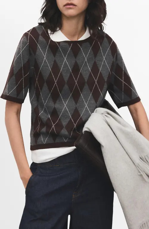 MANGO Rombus Argyle Plaid Short Sleeve Sweater in Grey at Nordstrom, Size Small | Nordstrom