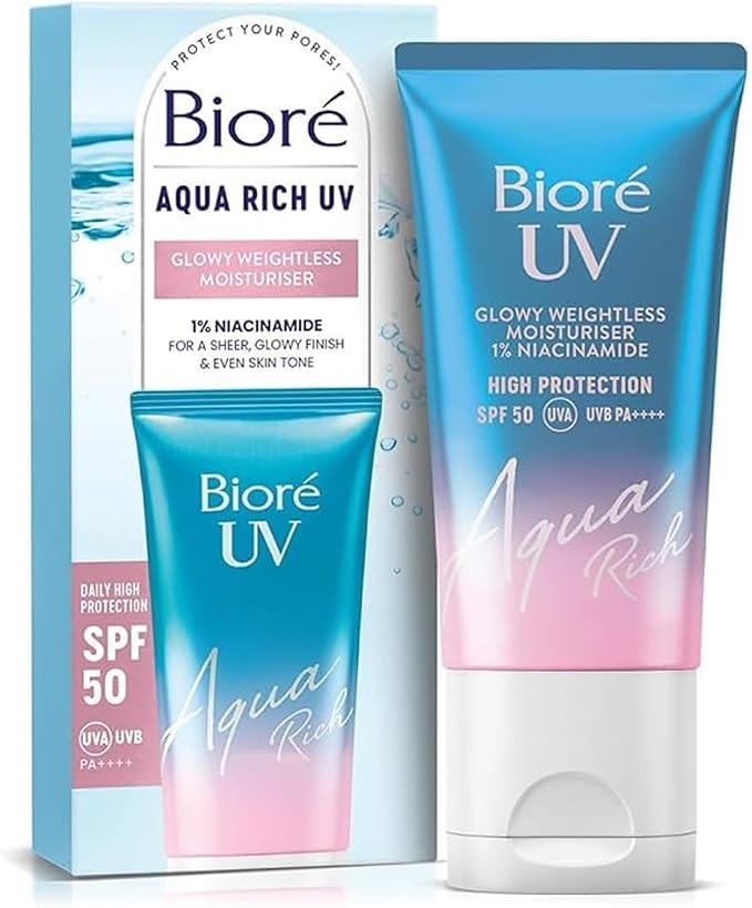Biore SPF 50, Aqua Rich UV Glowy Weightless Moisturiser, 3in1 High Protection, Hydration, Glow Pr... | Amazon (UK)