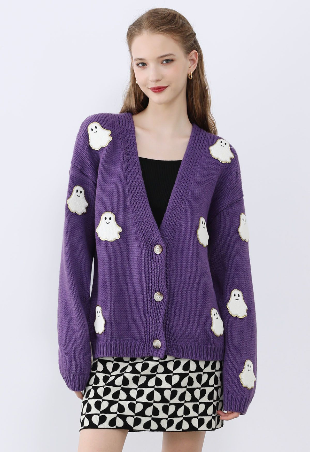 Halloween Ghost Patch Buttoned Knit Cardigan in Purple | Chicwish