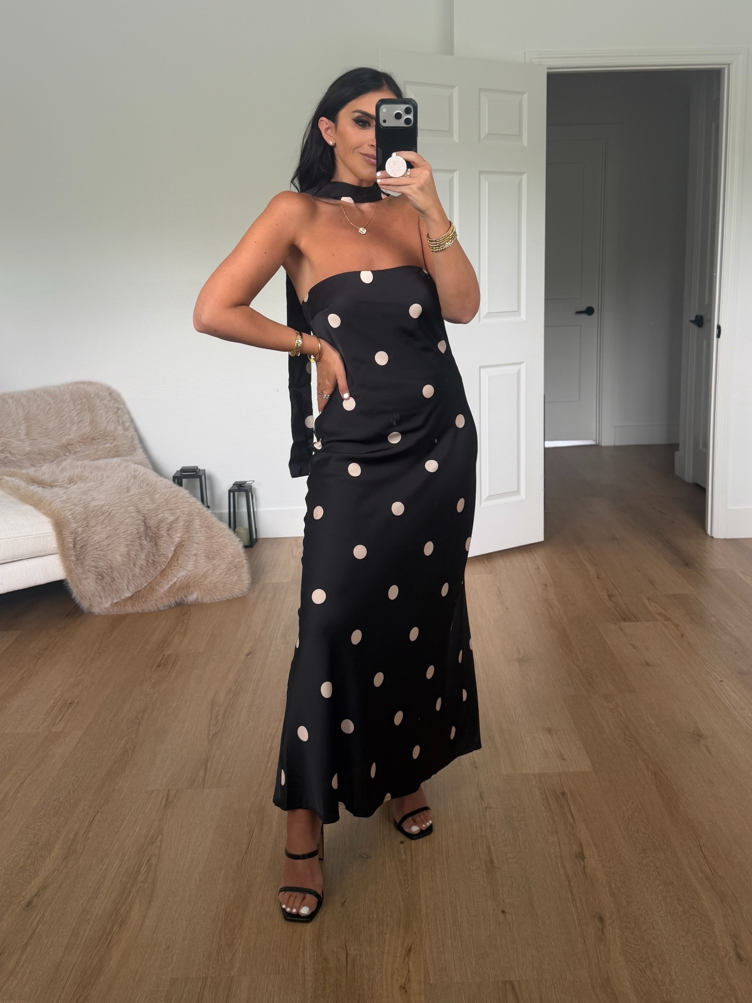 Petal & Pup Jutta Strapless Maxi Dress Black Polka Dot wearing size medium