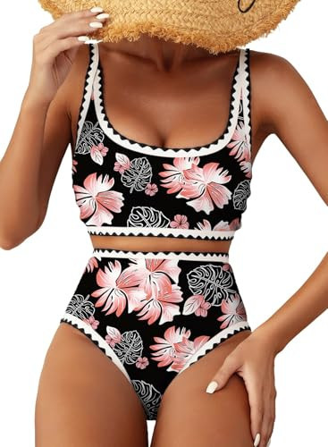 Herseas Women's Bikini Sets Floral Print Whip Stitch Two Piece Modest Swimsuits High Waisted Scoop Padded Black Bathing Suits Medium | Amazon (US)