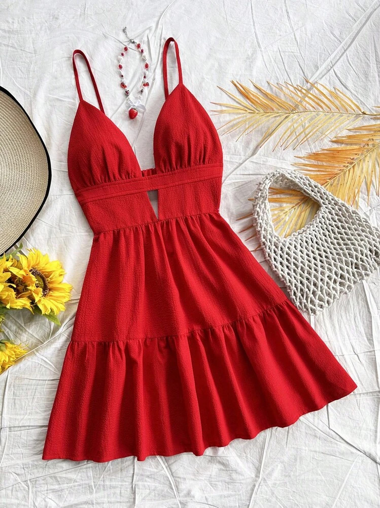 SHEIN Dreamara Vacation Loose V-Neck Backless Red Slip Dress | SHEIN