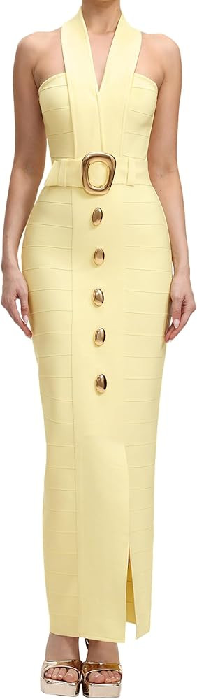 Yellow Maxi Halter Sleeveless V Neck Elegant Bandage Dress Belted Slim Waist Button Trendy Seduce... | Amazon (US)