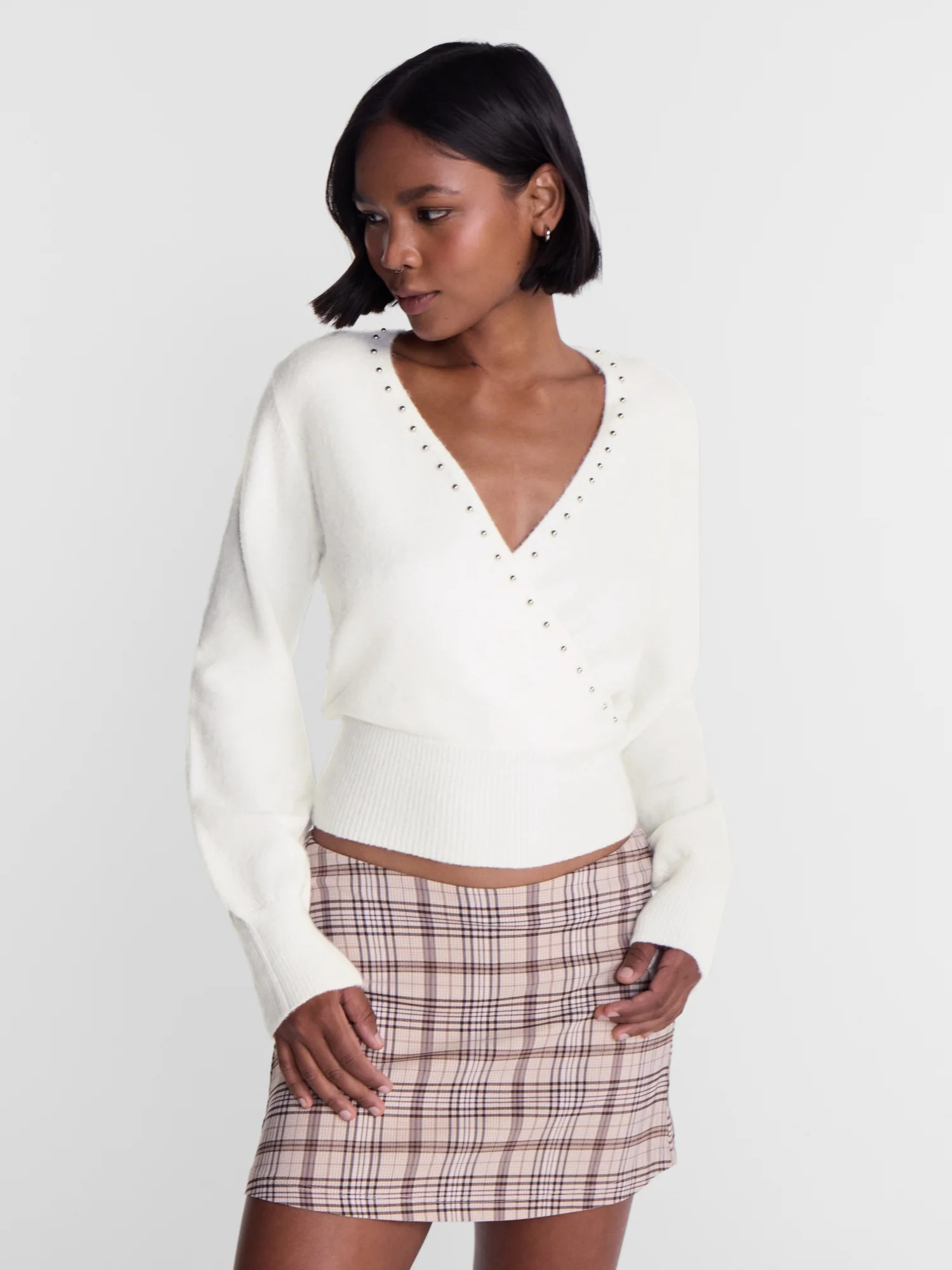 No Boundaries Surplice Pullover with Studs, Women’s XXS-XXL | Walmart (US)