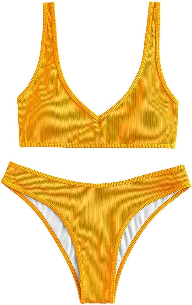 ZAFUL Women Padded Scoop Neck 2 Pieces Push Up Swimsuit Revealing Thong Bikinis V Bottom Style Br... | Amazon (US)