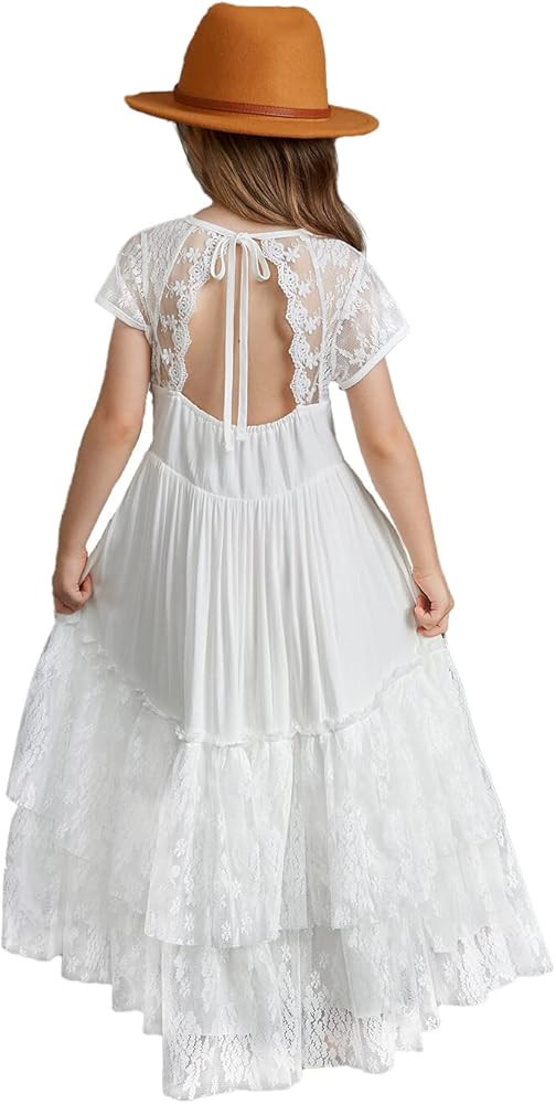 BIBIHOU Girls Kids Lace Back Full-Length Backless Tulle Party Holiday Formal Flower Girl Dress | Amazon (US)