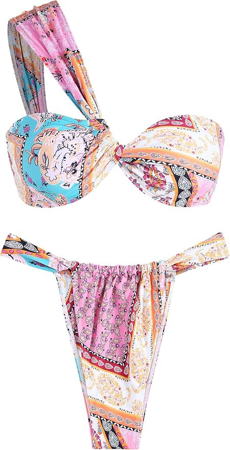 ZAFUL Women's One Shoulder Bikini Twisted Ruched High Cut Bandeau Bikini Set Two Piece Swimsuit | Amazon (US)