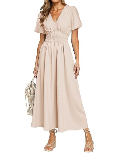 Simplee Women's Summer Flowy Midi Dress Casual V Neck Short Sleeve Empire Waist Boho Beach Dress Wedding Guest Maxi Dresses Apricot,S | Amazon (US)