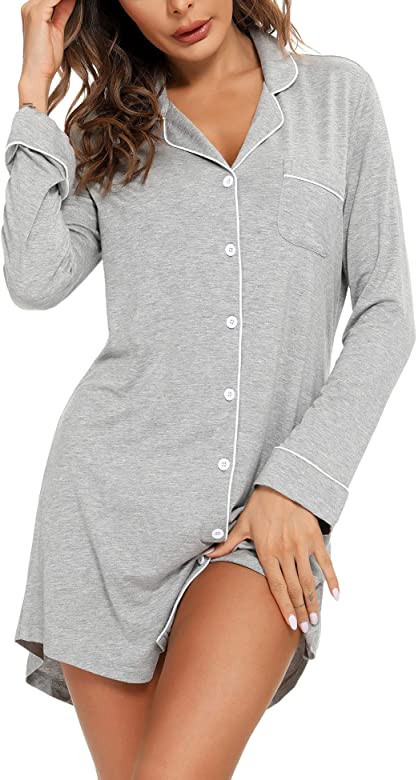 Senert Nightgown for Women Sleep Shirt Short Long Sleeve Sleepwear Boyfriend Nightshirt Button Do... | Amazon (US)