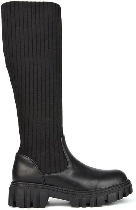 Womens Knit Knee High Boots Ladies Chunky Grip Sole Winter Sock Biker Size 3-8 | Amazon (UK)