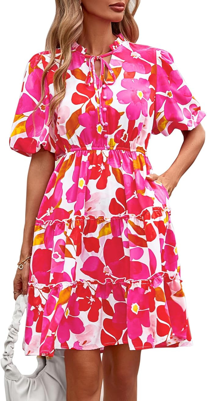 BTFBM Women Summer Floral Short Dresses V Neck Short Sleeve Tiered Ruffle Boho Swing Dress A-Line... | Amazon (US)