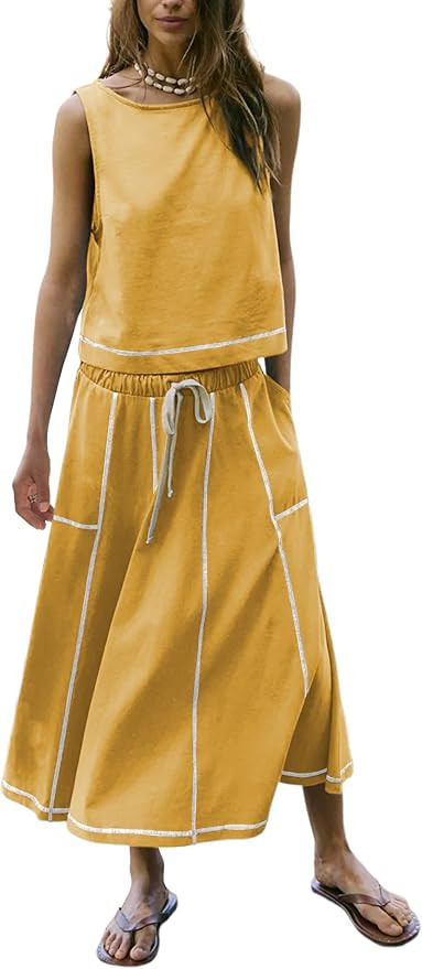 Women’s 2 Piece Cotton Skirt Set Sleeveless Draped Tank Top Drawstring Midi Skirt Y2K Lounge Ou... | Amazon (US)
