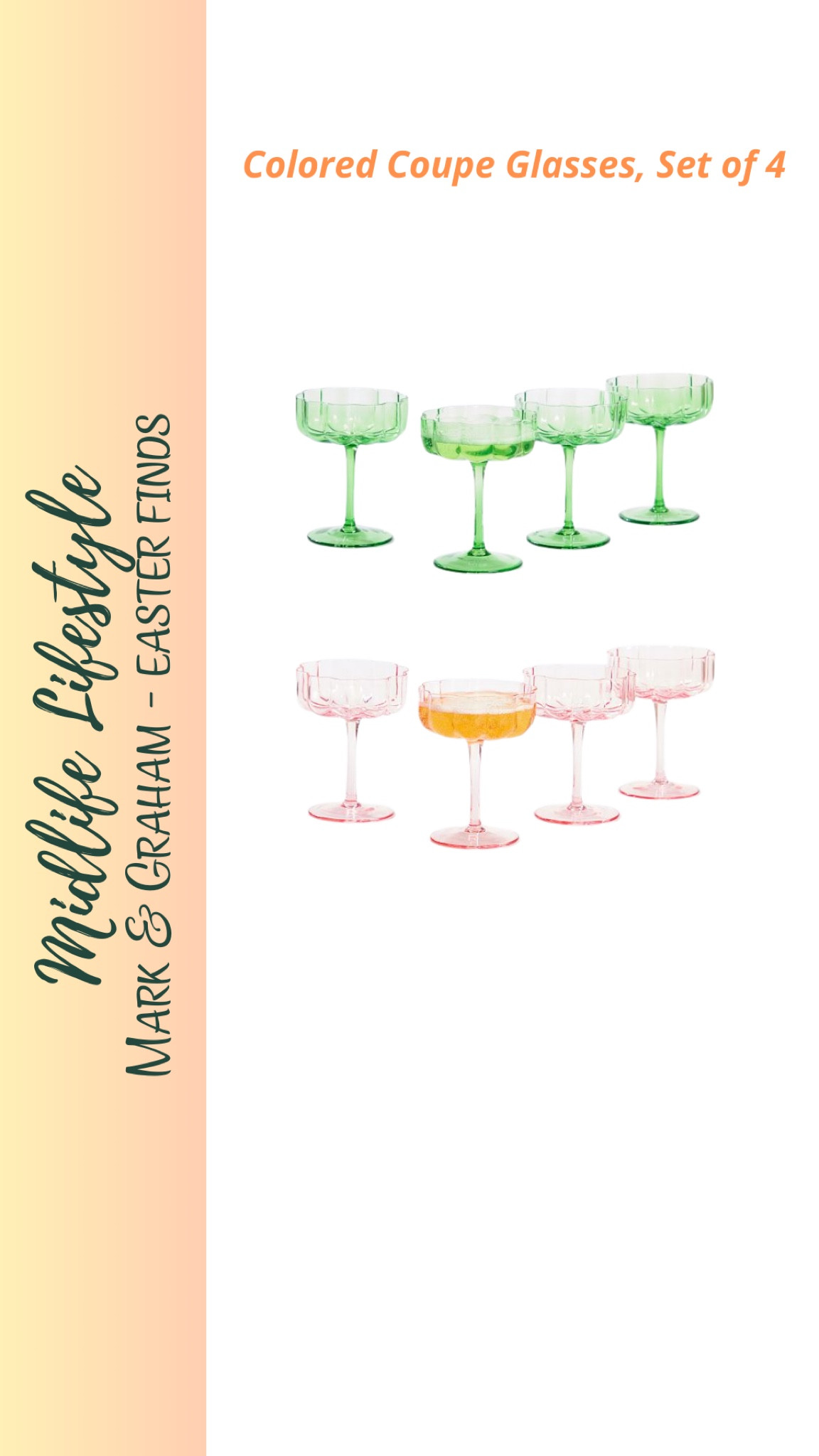 Elevate your cocktail hour with Mark & Graham's Colored Coupe Glasses, Set of 4. 

These handblown, iridescent glasses feature a vintage-inspired floral wave design and elongated stems for a touch of elegance at every sip. 

Perfect for adding a feminine flair to any tablescape. Cheers to style! 🍸✨ 

#CocktailHour #VintageVibes #ElegantSips

#LTKHome #LTKSeasonal #LTKParties