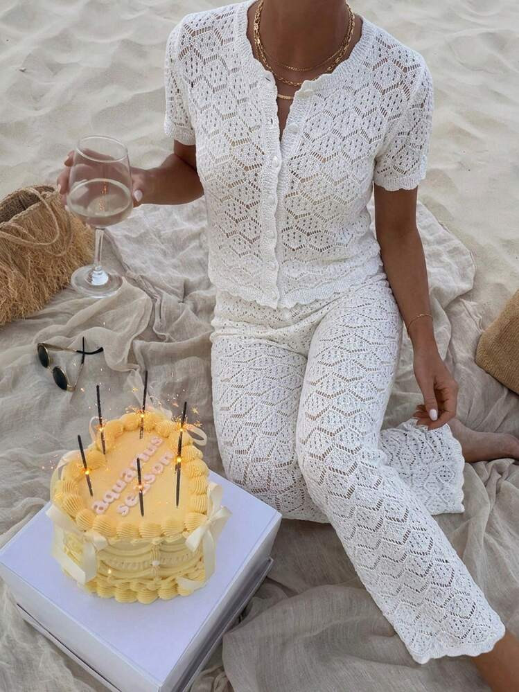 Women's Summer Vacation Set, Crochet Mesh Sexy Hollow Out Beach Short Sleeve Knit Cover Up + Long Pants 2 Pieces Set - Women's Vacation 2 Pieces Set, Crochet Cover Up Nightclub Outfit, Women's Sexy Slim Fit White | SHEIN