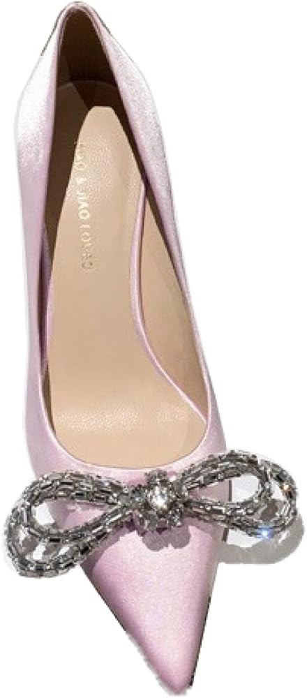 Sassy Bow-Knot Stiletto Pump Shoes for Woman Classic PU Rhinestone High Heels Pointed Toe Pull-on Pa | Amazon (US)