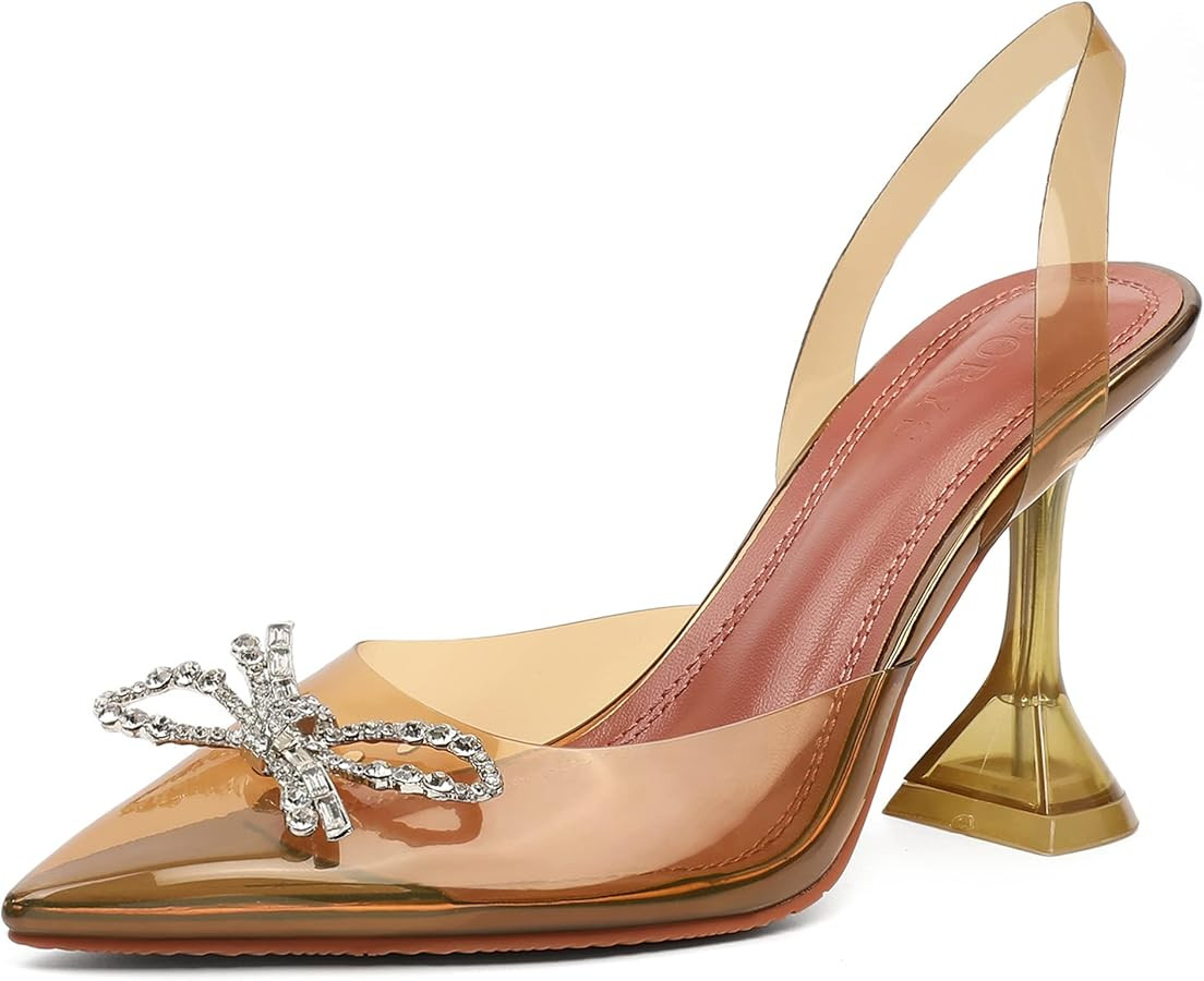 Clear Heels for Women, Rhinestone Bow Heels for Women, Pointed Toe Wedding Heels, Slingback High ... | Amazon (US)