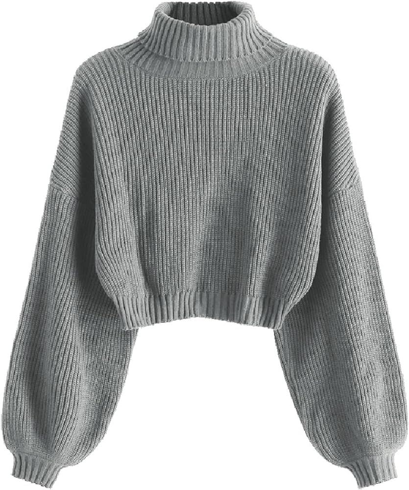 ZAFUL Women's Cropped Turtleneck Sweater Lantern Sleeve Ribbed Knit Pullover Sweater Jumper | Amazon (US)