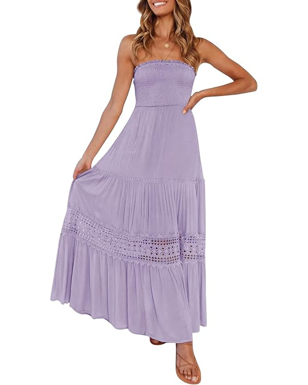 ZESICA Women's 2024 Summer Bohemian Strapless Off Shoulder Lace Trim Backless Flowy A Line Beach ... | Amazon (US)