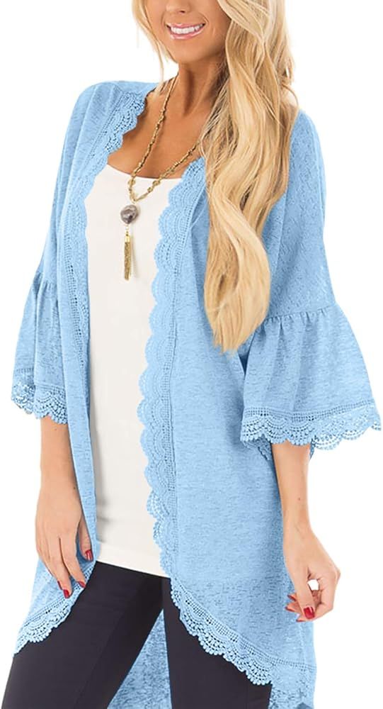 Spadehill Womens 3/4 Bell Sleeve Kimono Cardigan with Sheer Lace Details | Amazon (US)