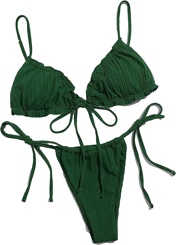 Lilosy Sexy Ribbed Padded String Thong Brazilian Bikini Swimsuit Set for Women Side Tie Knotted Bath | Amazon (US)