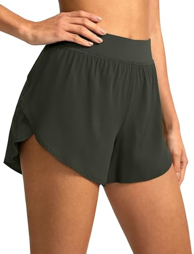 Soothfeel High Waisted Athletic Running Shorts for Women Dolphin Shorts High Split Quick Dry Gym Workout Shorts with Liner (Army Green, Medium) | Amazon (US)
