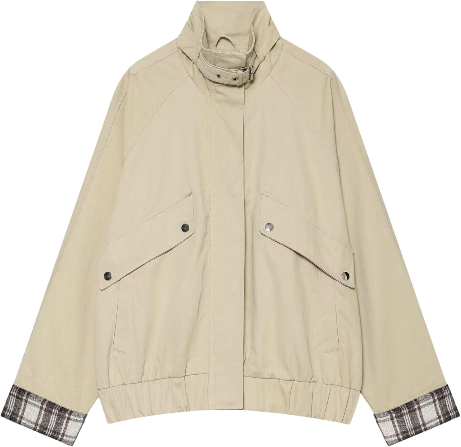 Chevara Women’s Oversized High Collar Bomber Jacket Plaid Cuff Zip Up Coat | Amazon (US)