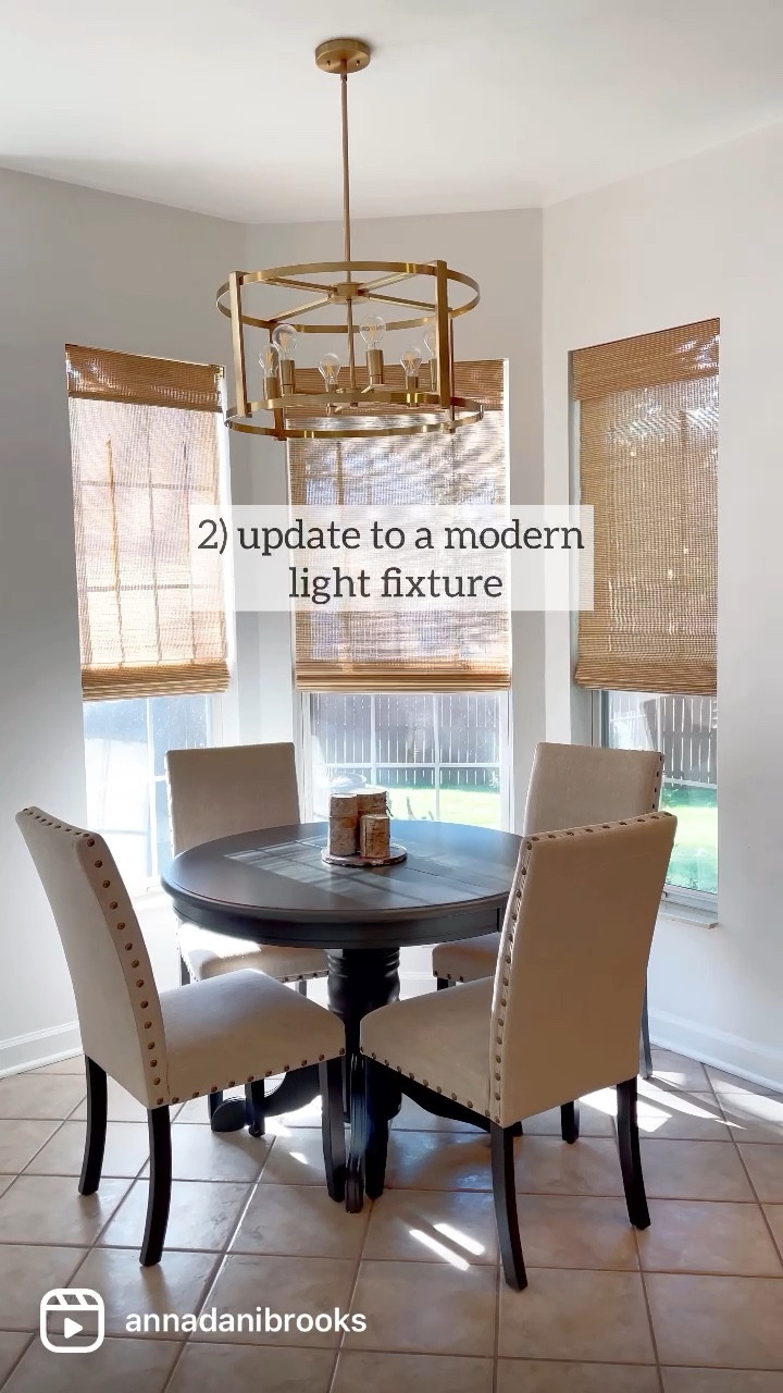 Kitchen table light fixture gold large chandelier brushed brass 
Bamboo blinds wood blinds pull down affordable blinds window treatments 
Kitchen table chairs nailhead dining room chairs

#LTKhome #LTKunder100 #LTKfamily