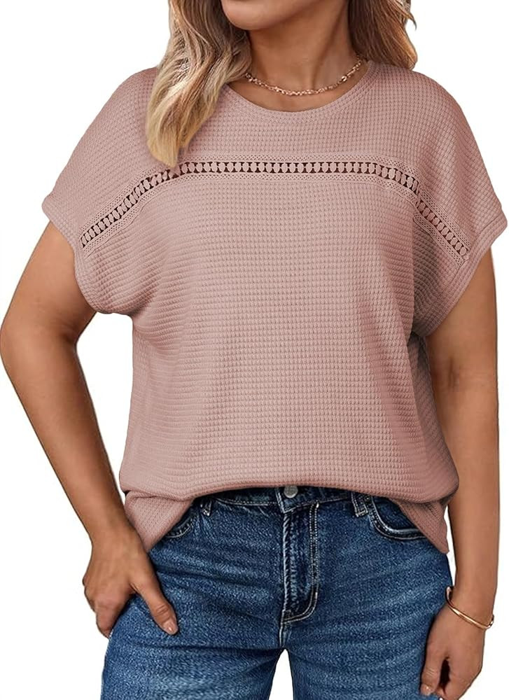 Eytino Plus Size Tops for Women Hollow Out Waffle Knit T-Shirts Crewneck Short Sleeve Casual Loos... | Amazon (US)