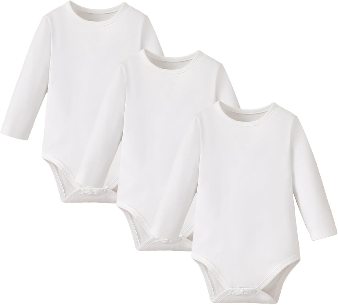 ROMPERINBOX Long Sleeve Onsies Girl 3 Pack Knitted Solid Baby Crew Neck Bodysuit Multicolors 0-24... | Amazon (US)