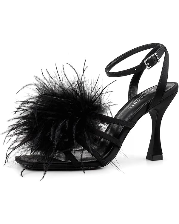BCTEX COLL Women's Heeled Sandals Fluffy Feather Square Open Toe Ankle Strap Sexy Stiletto High H... | Amazon (US)