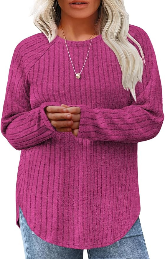 Eytino Plus Size Tops for Women Fall Soft Solid Crewneck Long Sleeve Knitted Pullover Blouses Shi... | Amazon (US)