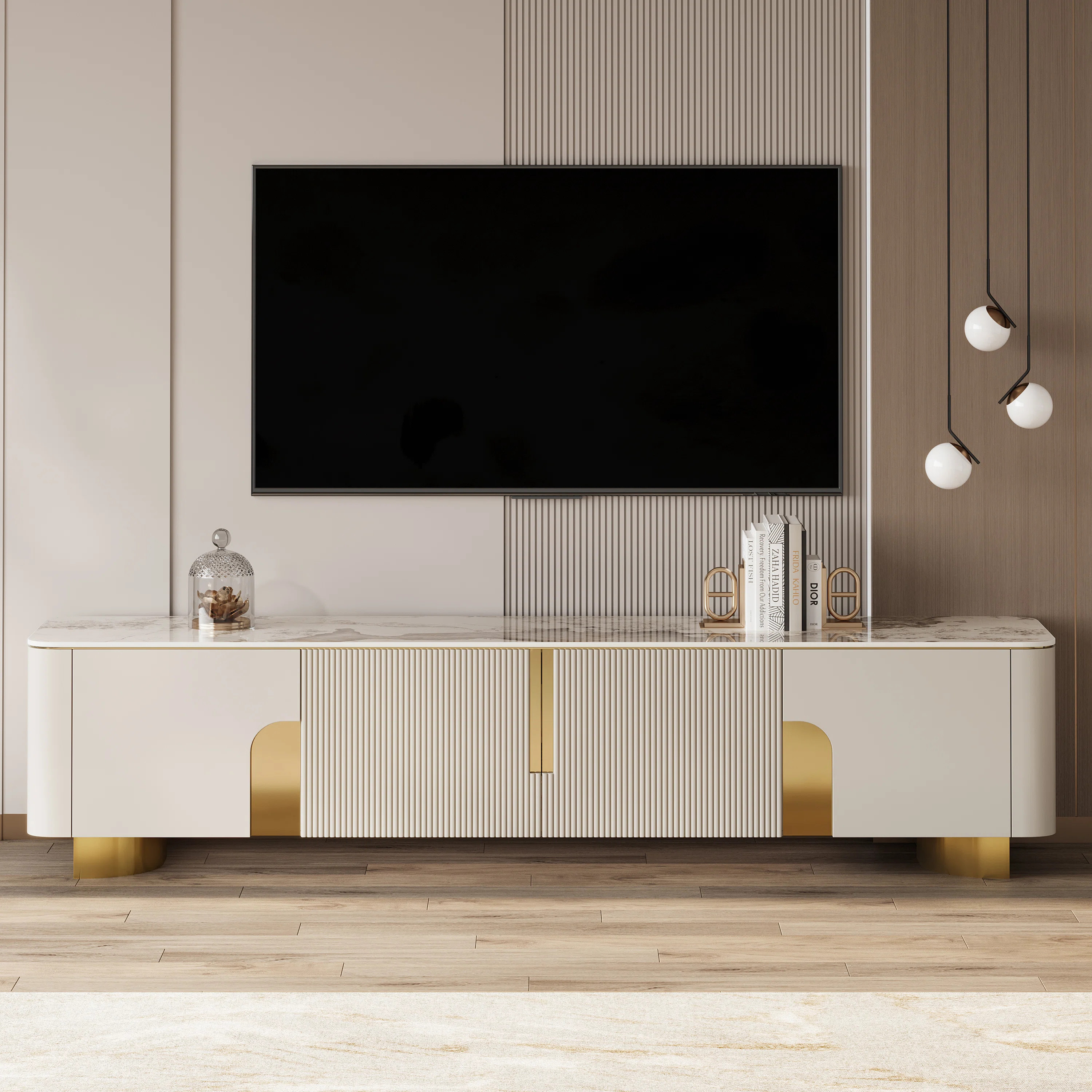 79" Luxury Marble Beige TV Stand with 4 Cabinets and Elegant Gold Legs | Wayfair North America
