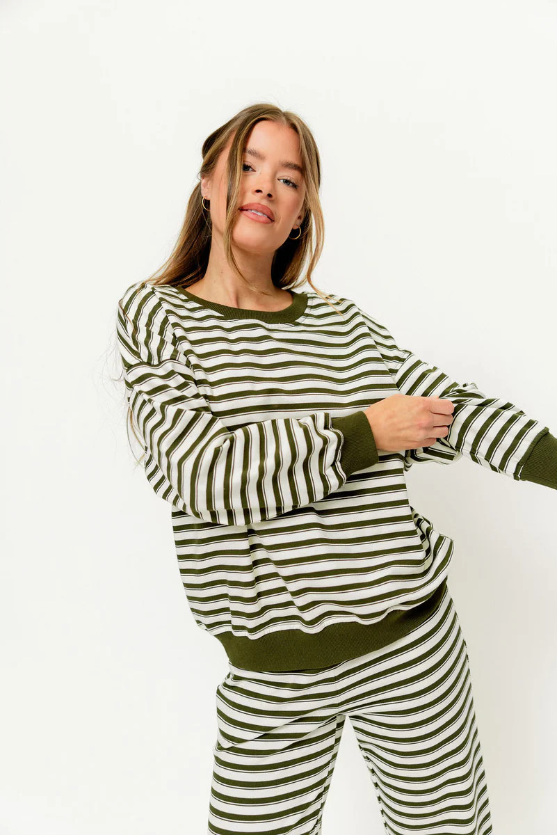 Rudie Sweatshirt and Sweatpants Set in Cream/Green Stripe | Worth Collective