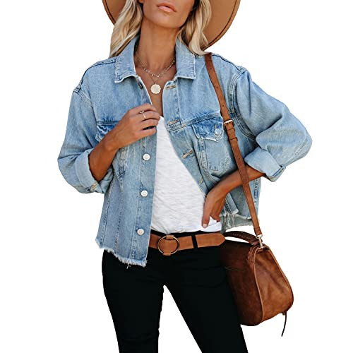 LONGBIDA Women's Jean Jacket Frayed Washed Button Up Cropped Denim Jacket With Pockets(Light Blue,S) | Amazon (US)