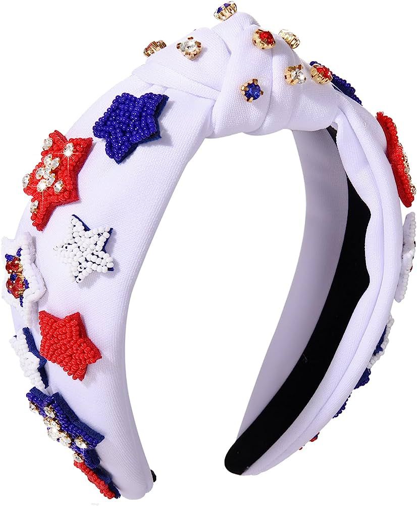 GLBCC 4th of July Knot Headband for Women Red White Blue Star Hairband Pearl Rhinestone Stars Bea... | Amazon (US)