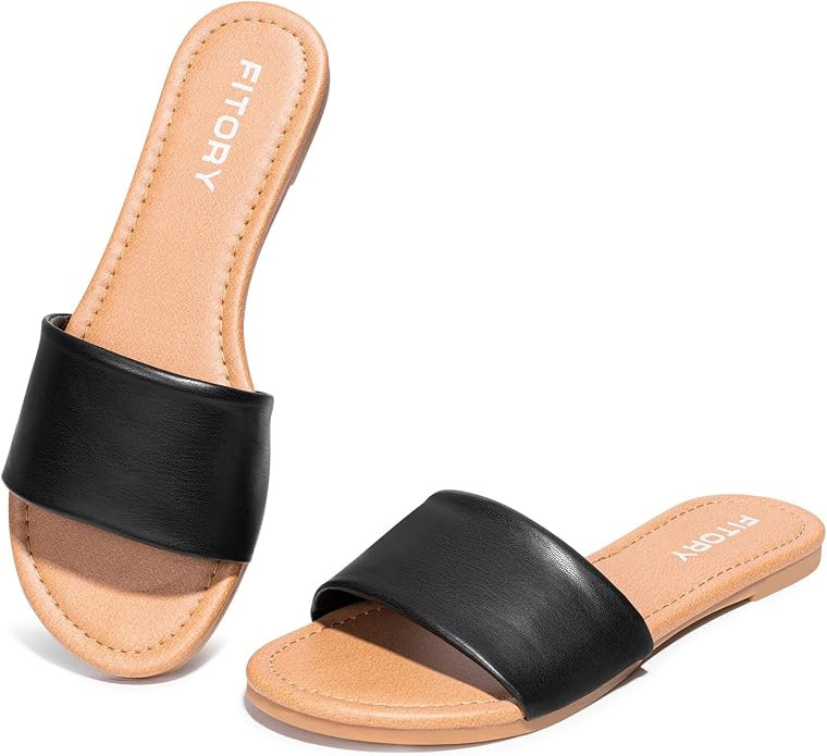 FITORY Women's Slide Sandals Fashion Round Toe With Classic Single Strap Slippers for Summer | Amazon (US)
