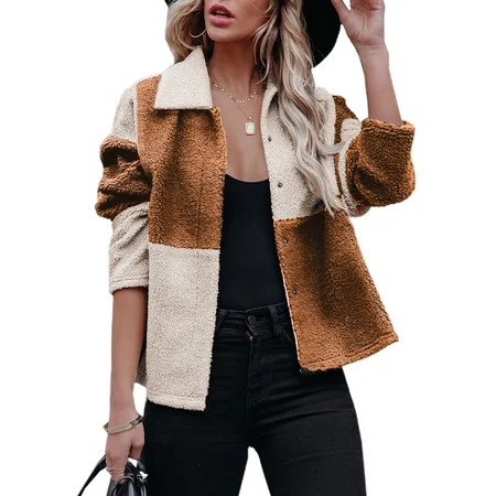 Chase Secret Women Fleece Fuzzy Shearling Coats Colorblock Checkered Sherpa Jacket Shacket Winter Ou | Walmart (US)