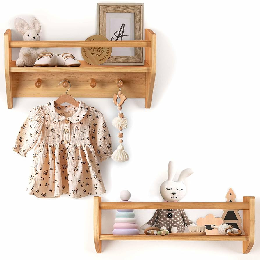 BINGY Nursery Book Shelves - Set of 2 Wall Shelves with Hooks for Clothes - 2-Tier Nursery Booksh... | Amazon (US)