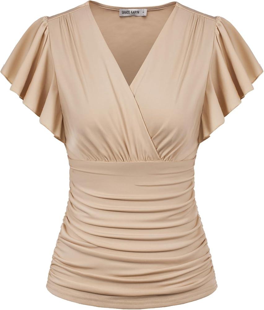 GRACE KARIN 2024 Womens Tops Summer Wrap Blouse V Neck Ruffle Sleeve Dressy Casual Top Ruched T-S... | Amazon (US)