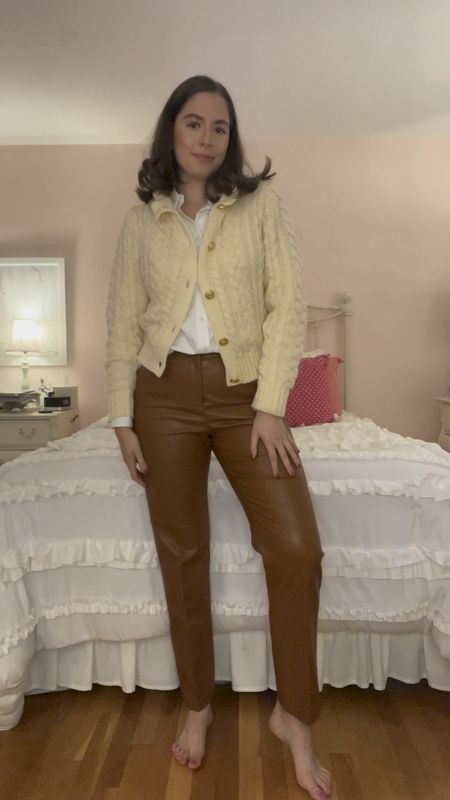 Cable knit sweater, cable knit cardigan, fall outfit, fall fashion, white button down, leather pants, faux leather pants, business casual,  straight leather pants, brown leather pants, cardigan, workwear

#LTKworkwear #LTKVideo #LTKSeasonal