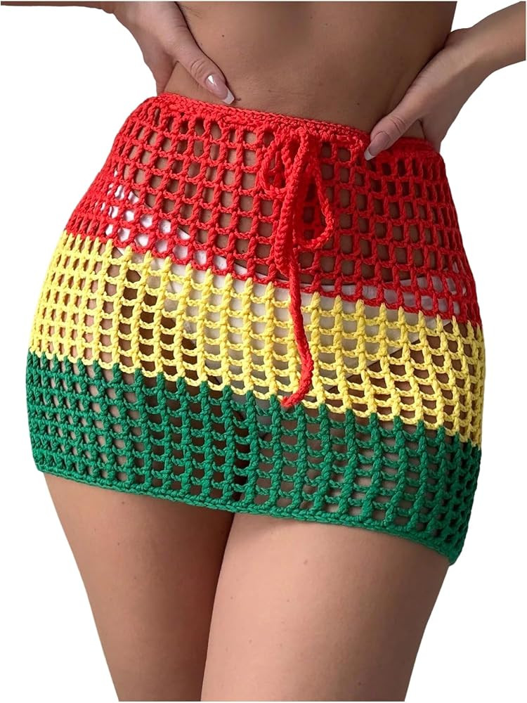 SweatyRocks Women's Color Block Hollow Out Cover Up Skirt Sheer Crochet Beach Skirt Swimwear | Amazon (US)
