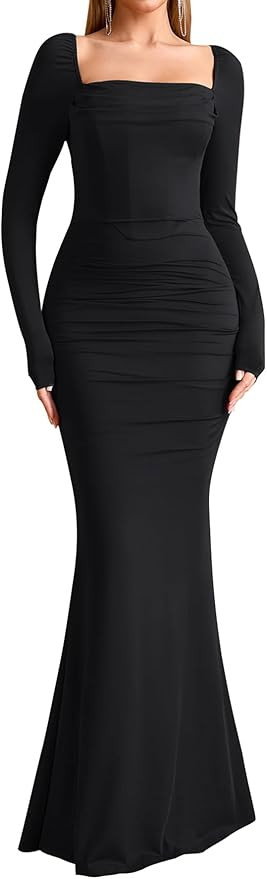 EYNMIN Corset Maxi Dress Long Sleeve Square Neck Ruched Bodycon Elegant Formal Wedding Guest Dres... | Amazon (US)