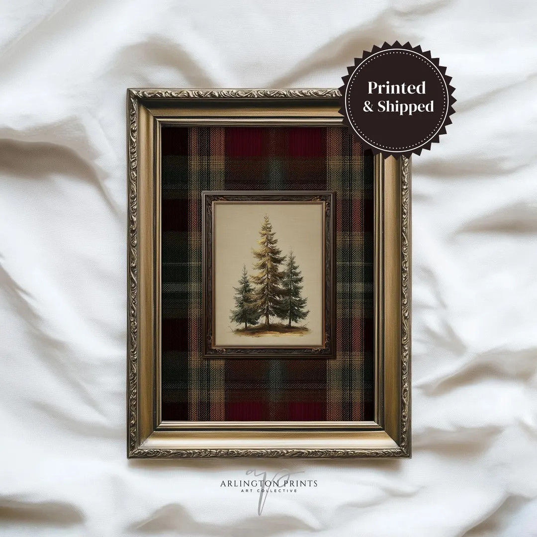 Rustic Plaid Pine Print, Classic Christmas Wall Art, Vintage Holiday Decor Poster, Cozy Winter Ar... | Etsy (US)