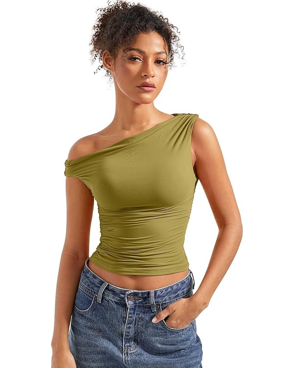 SUUKSESS Women Off Shoulder Tops Sleeveless Shirts Y2K Going Out Crop Tank Top | Amazon (US)