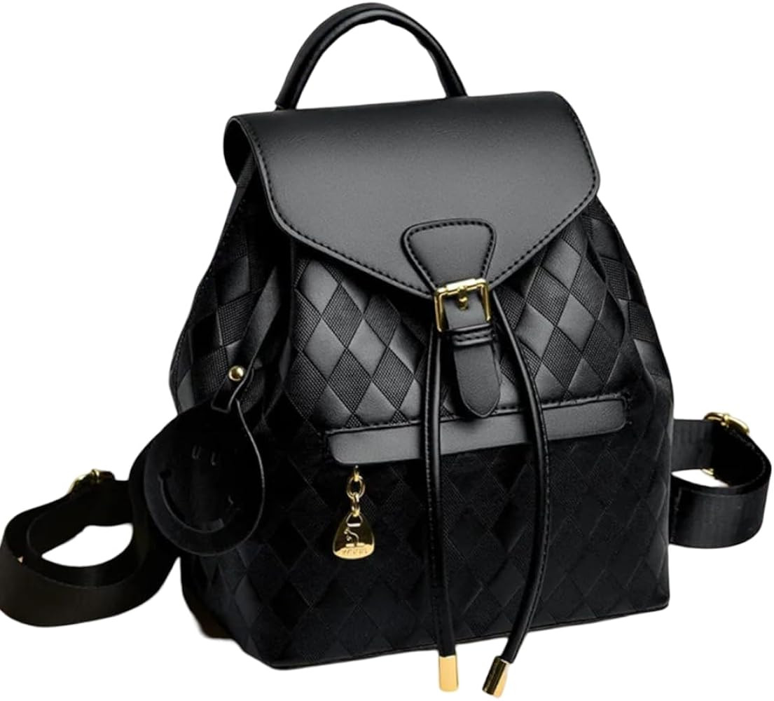Quilted Leather Backpack, Black with Gold Hardware, Fashion Drawstring Design | Amazon (US)