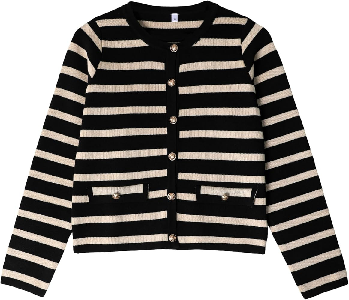 Xiaoxuemeng Womens Cardigan Sweaters Cropped Striped Button Down Knit Jackets Open Front Trendy L... | Amazon (US)