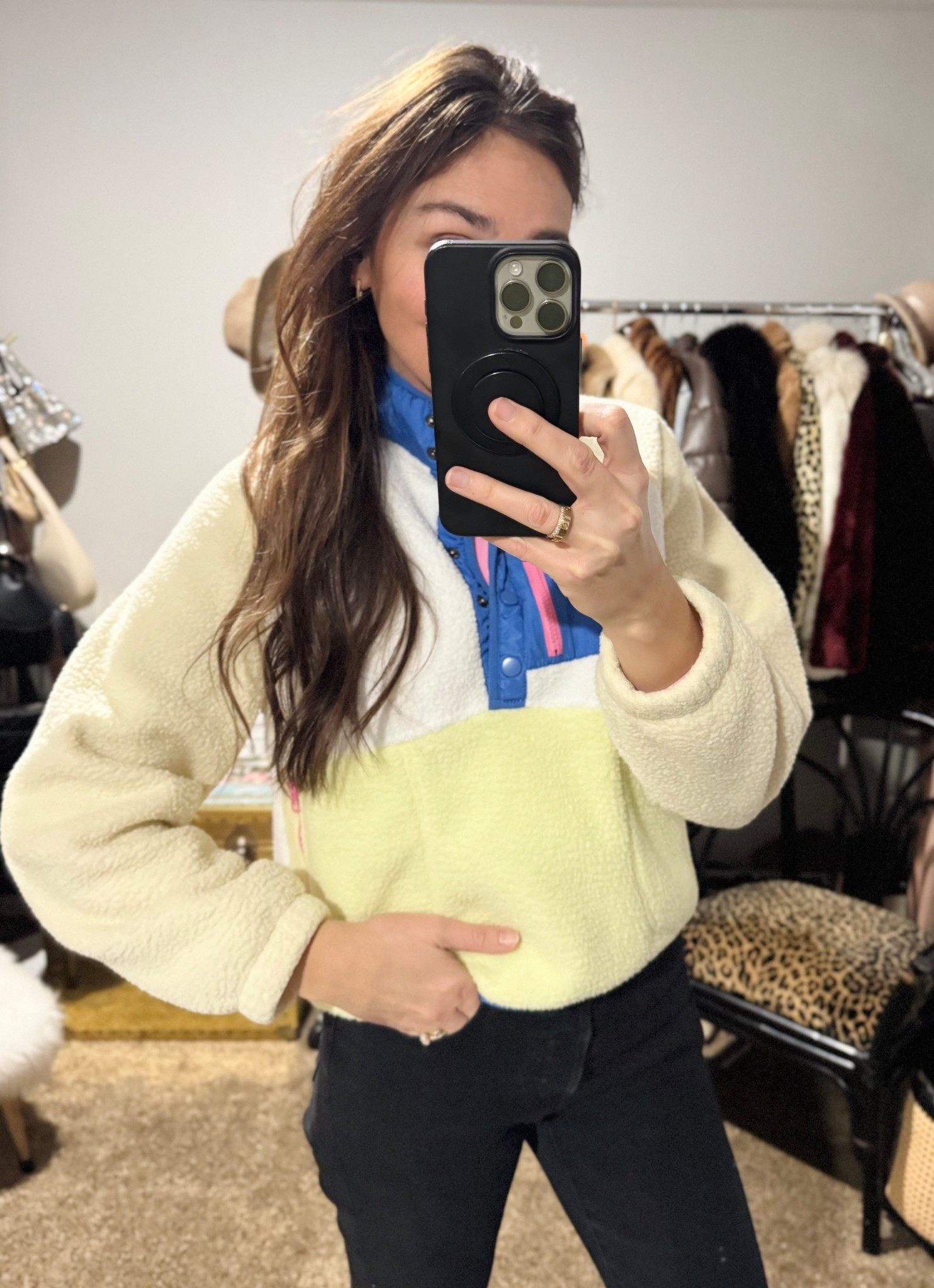 Anthro inspired colorful sherpa half zip
Wearing an XS for more of a cropped fit